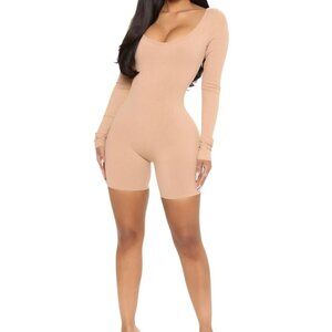 Mya Daisy Snatched Ribbed Romper Beige Long Sleeve XL Fashion Nova NWT